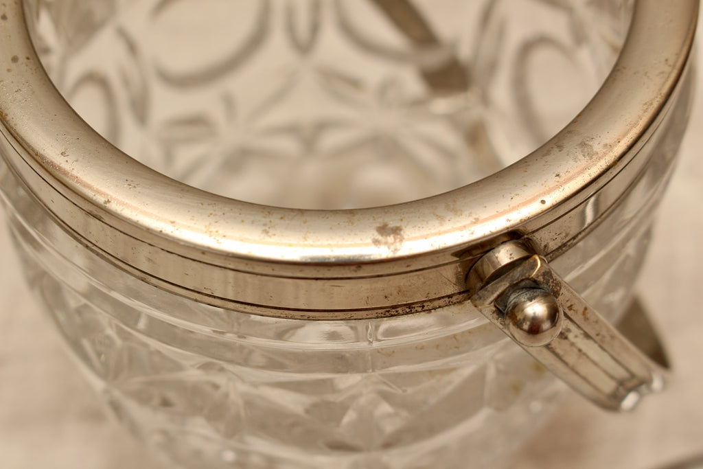Vintage Molded Pressed Glass Ice Bucket with Tongs - Retro Barware Display