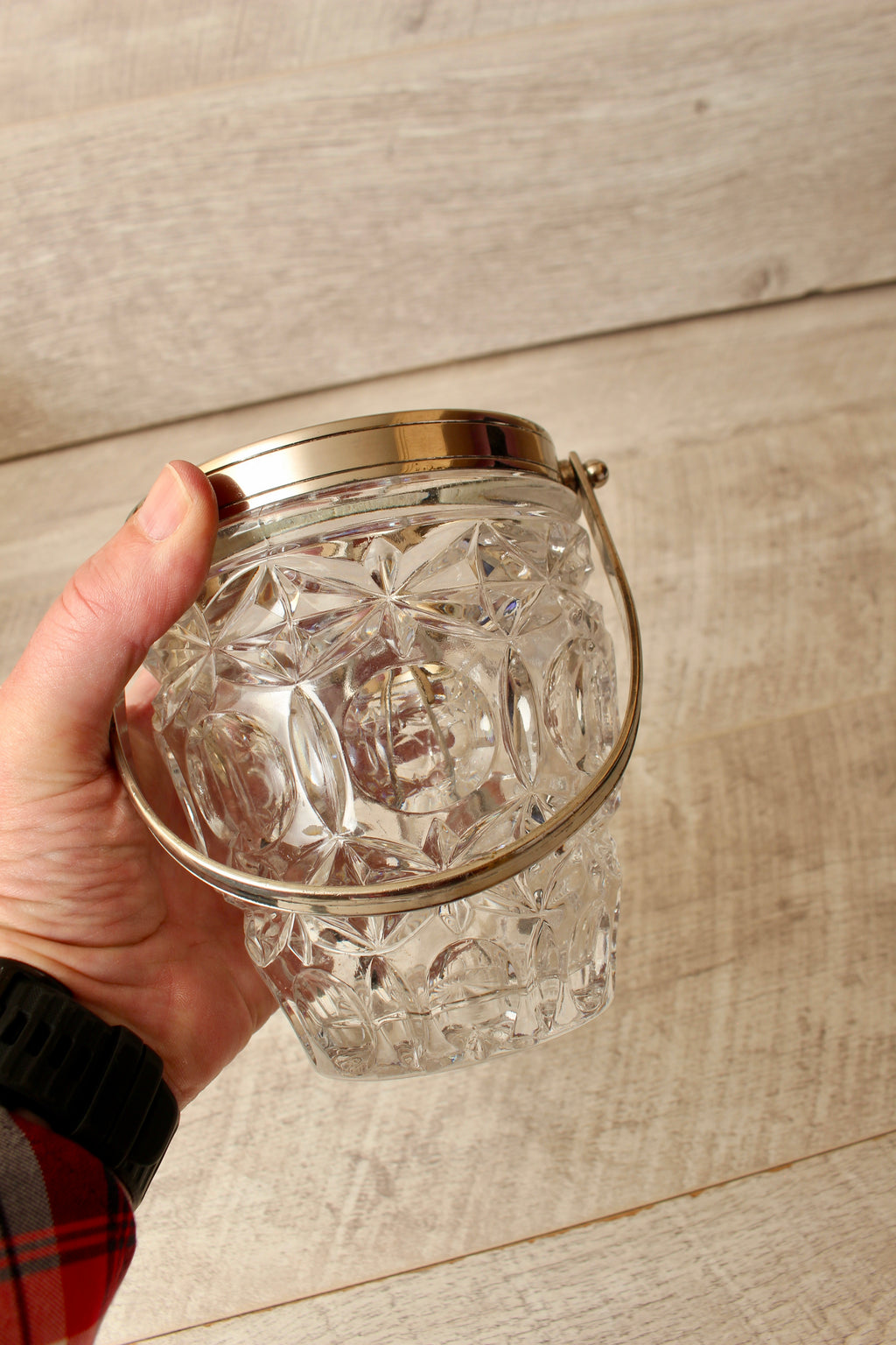Vintage Molded Pressed Glass Ice Bucket with Tongs - Retro Barware Display