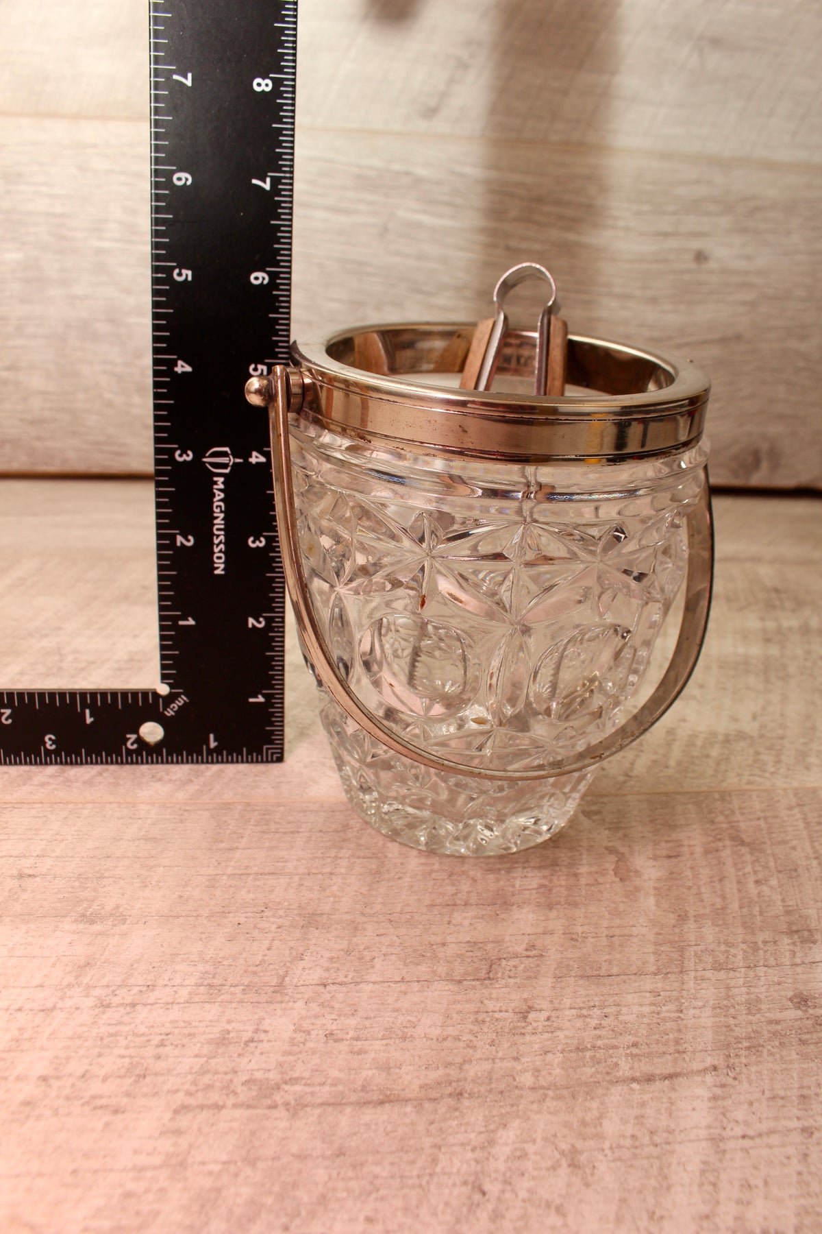 Vintage Molded Pressed Glass Ice Bucket with Tongs - Retro Barware Display