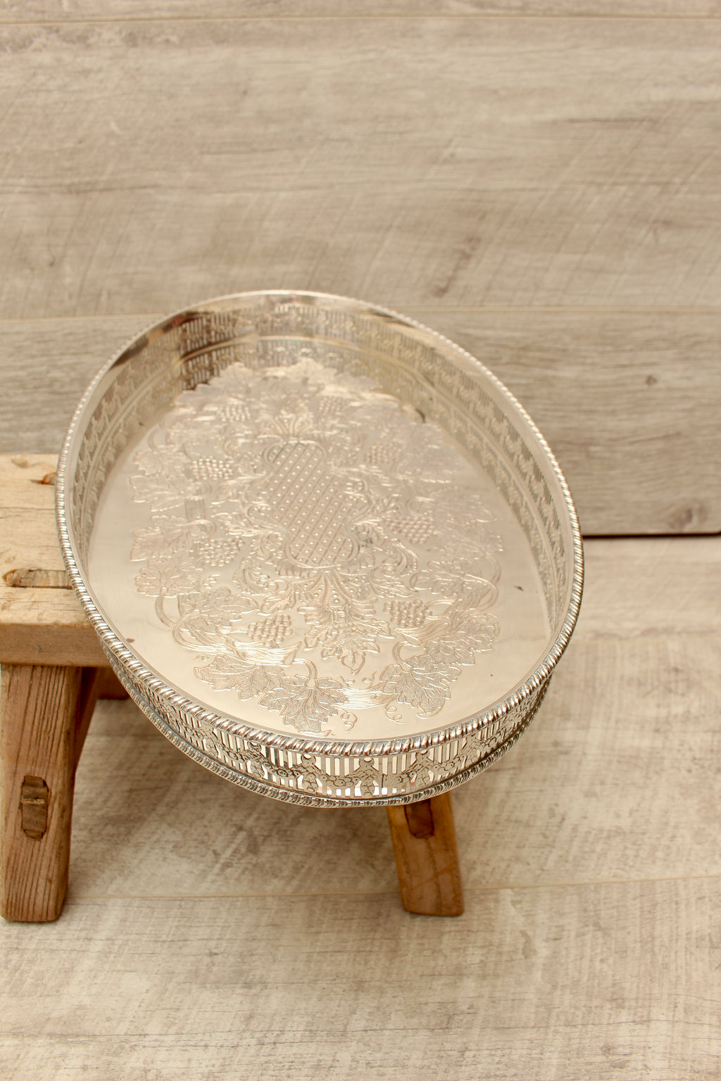 Vintage Viners of Sheffield Silver on Copper Oval Gallery Tray - Chased Grapevine Design