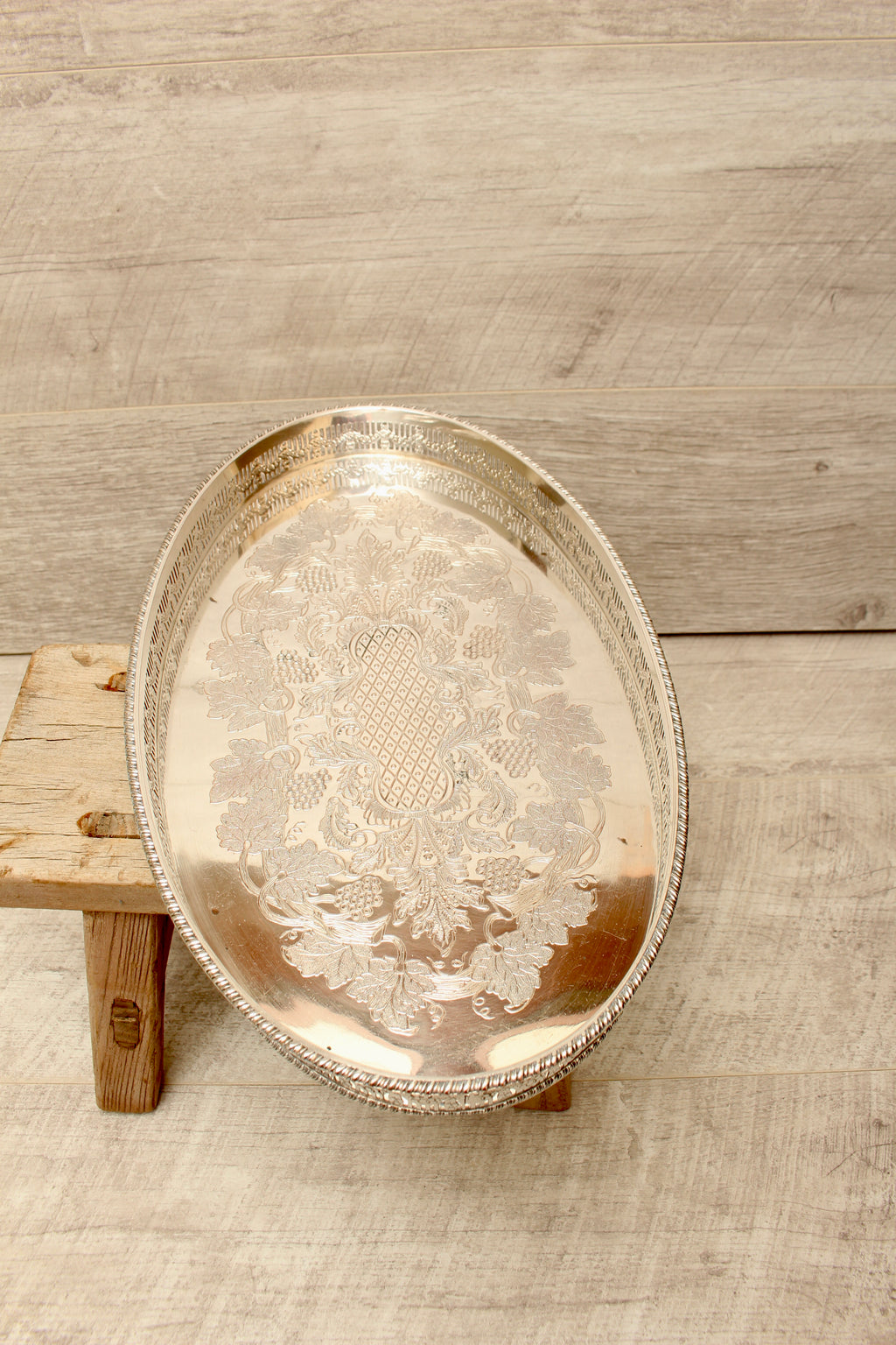 Vintage Viners of Sheffield Silver on Copper Oval Gallery Tray - Chased Grapevine Design