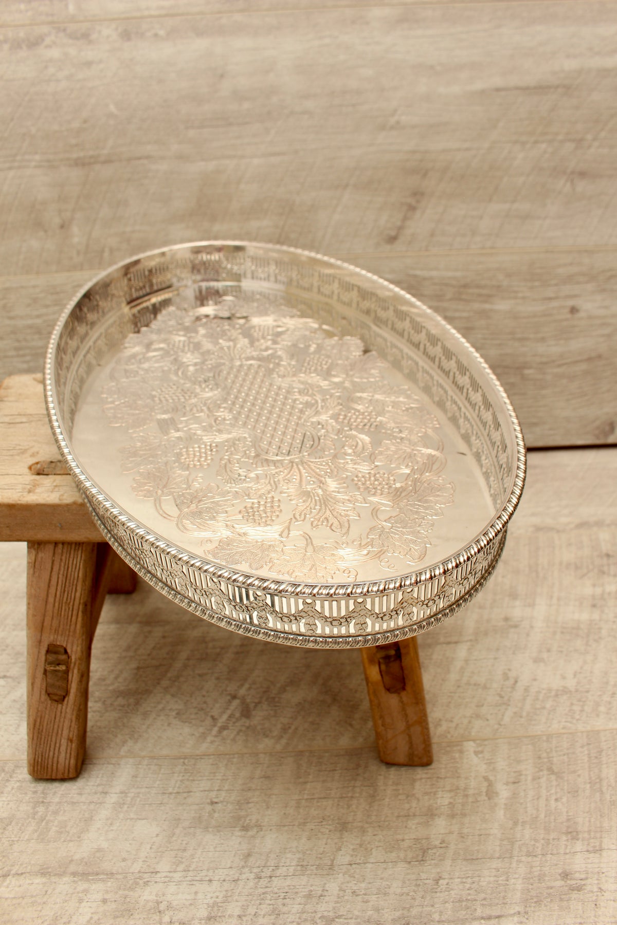 Vintage Viners of Sheffield Silver on Copper Oval Gallery Tray - Chased Grapevine Design