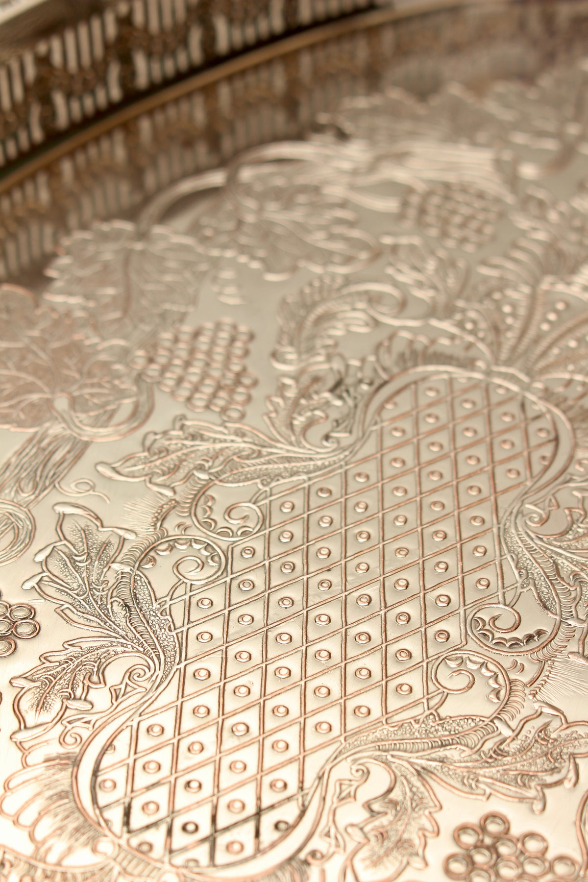 Vintage Viners of Sheffield Silver on Copper Oval Gallery Tray - Chased Grapevine Design