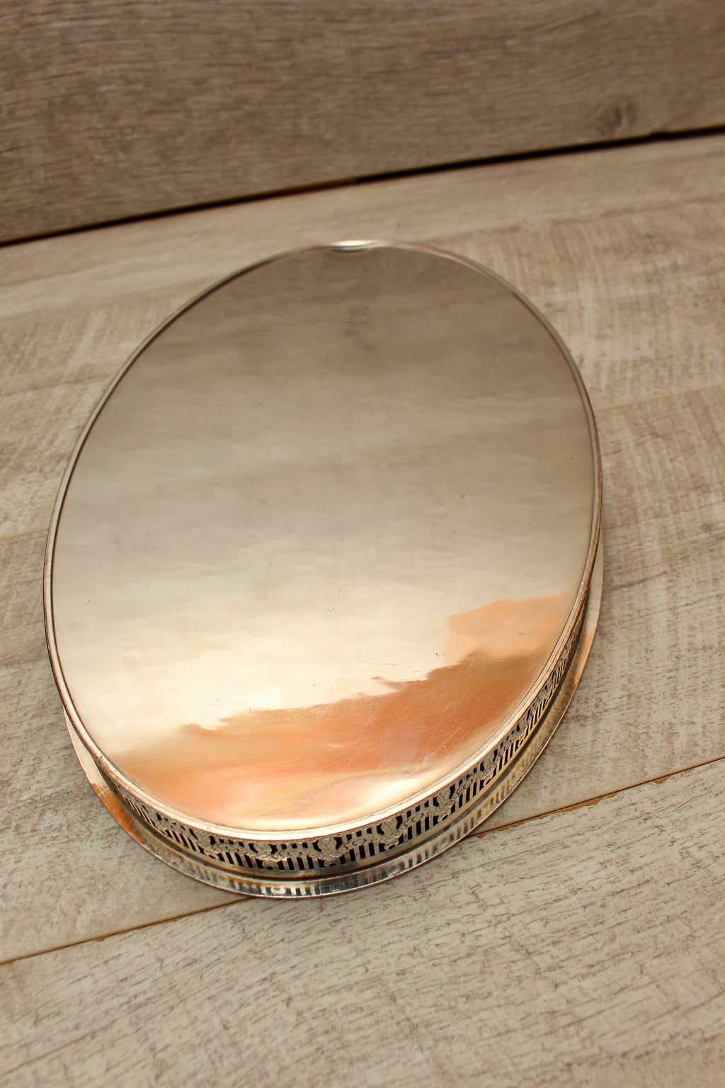 Vintage Viners of Sheffield Silver on Copper Oval Gallery Tray - Chased Grapevine Design