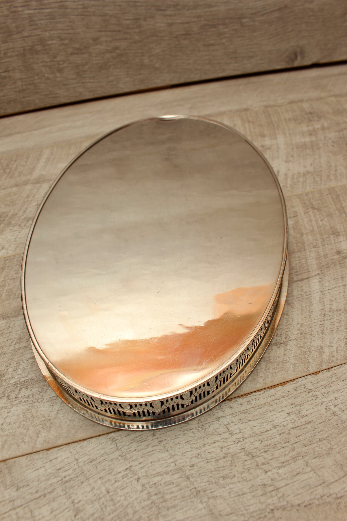 Vintage Viners of Sheffield Silver on Copper Oval Gallery Tray - Chased Grapevine Design