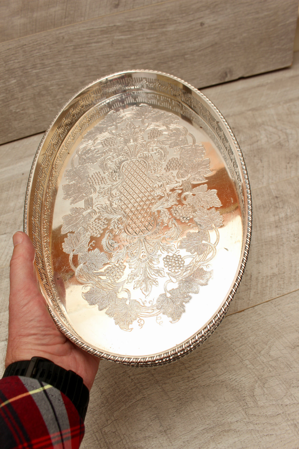 Vintage Viners of Sheffield Silver on Copper Oval Gallery Tray - Chased Grapevine Design