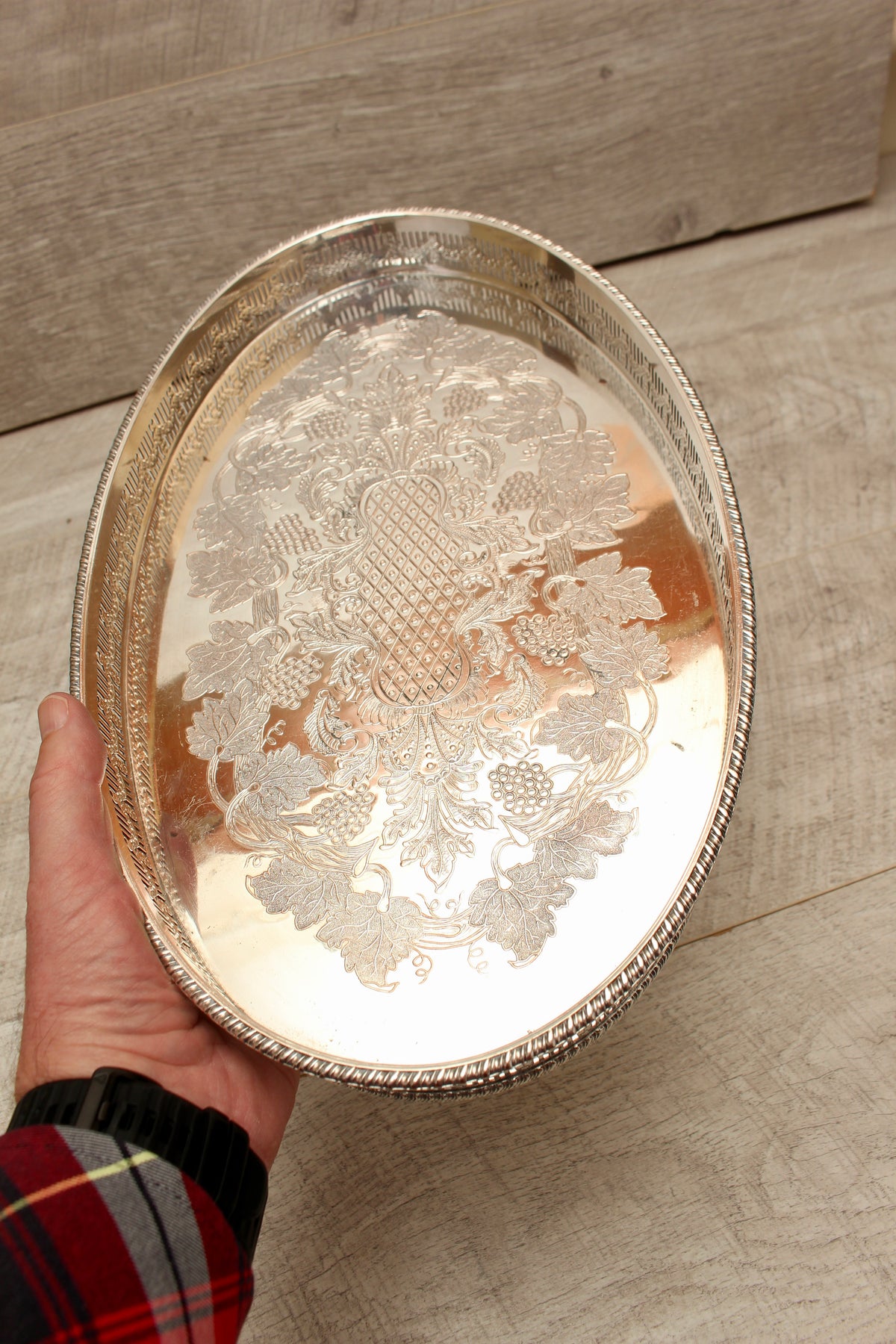 Vintage Viners of Sheffield Silver on Copper Oval Gallery Tray - Chased Grapevine Design