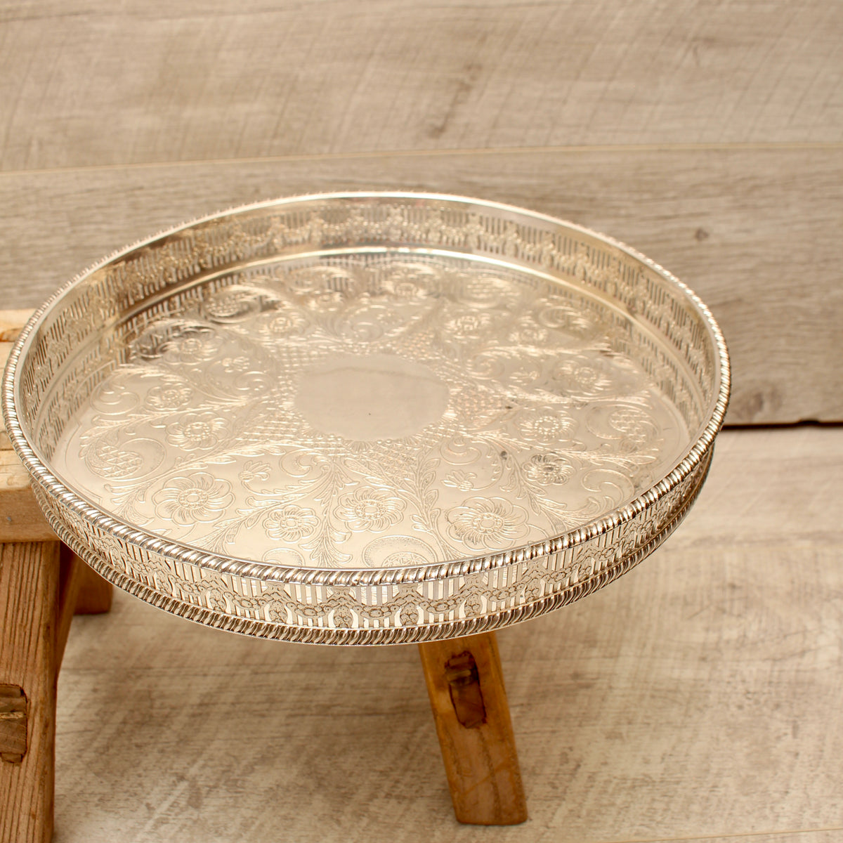 Vintage Viners of Sheffield Silver on Copper Gallery Tray - Chased Round Drinks Salver