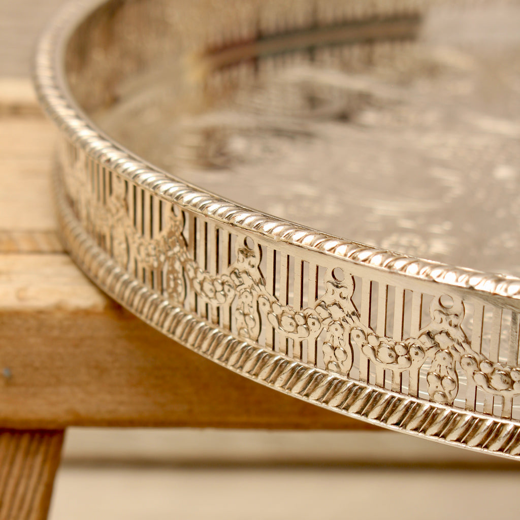 Vintage Viners of Sheffield Silver on Copper Gallery Tray - Chased Round Drinks Salver