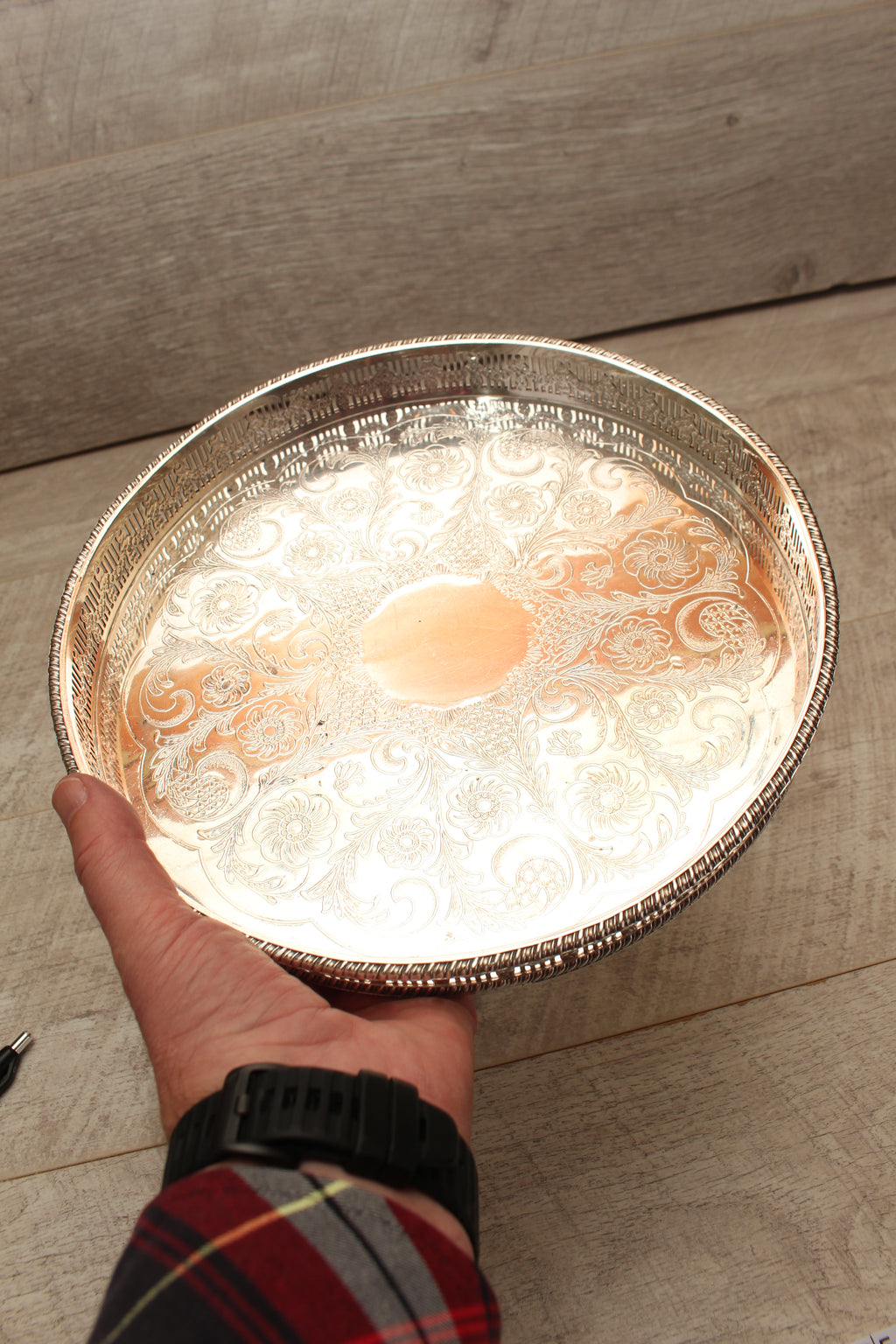 Vintage Viners of Sheffield Silver on Copper Gallery Tray - Chased Round Drinks Salver