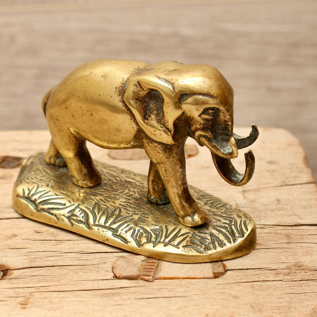 Antique Solid Brass Elephant Figurine on Cast Savannah Base - British Made Barware Paperweight