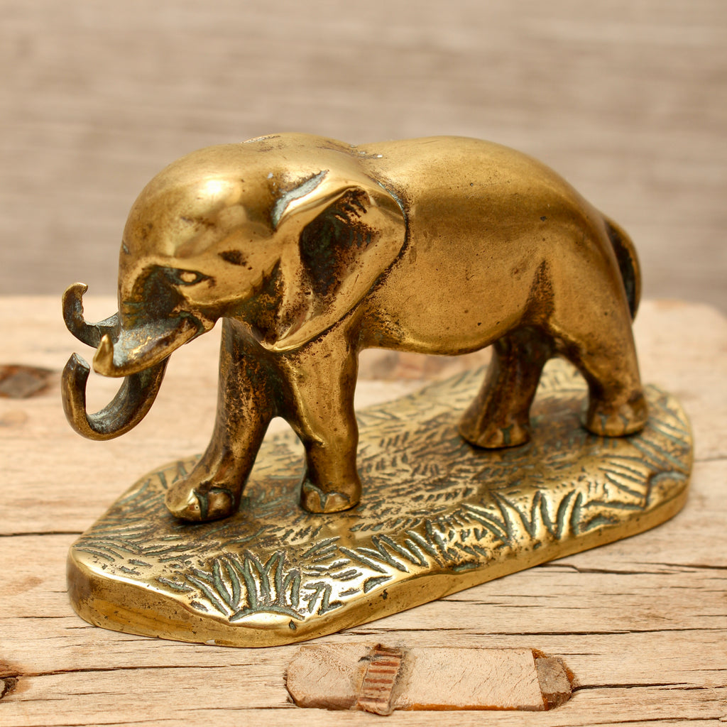 Antique Solid Brass Elephant Figurine on Cast Savannah Base - British Made Barware Paperweight