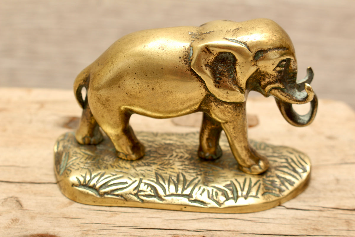 Antique Solid Brass Elephant Figurine on Cast Savannah Base - British Made Barware Paperweight