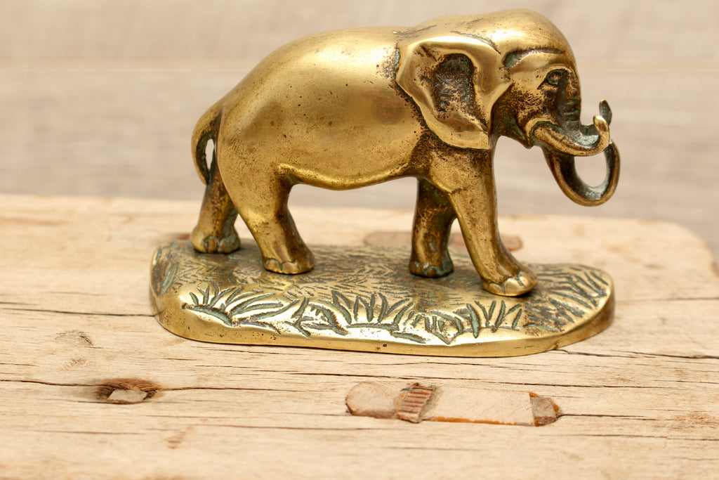 Antique Solid Brass Elephant Figurine on Cast Savannah Base - British Made Barware Paperweight