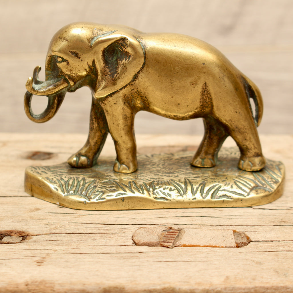 Antique Solid Brass Elephant Figurine on Cast Savannah Base - British Made Barware Paperweight