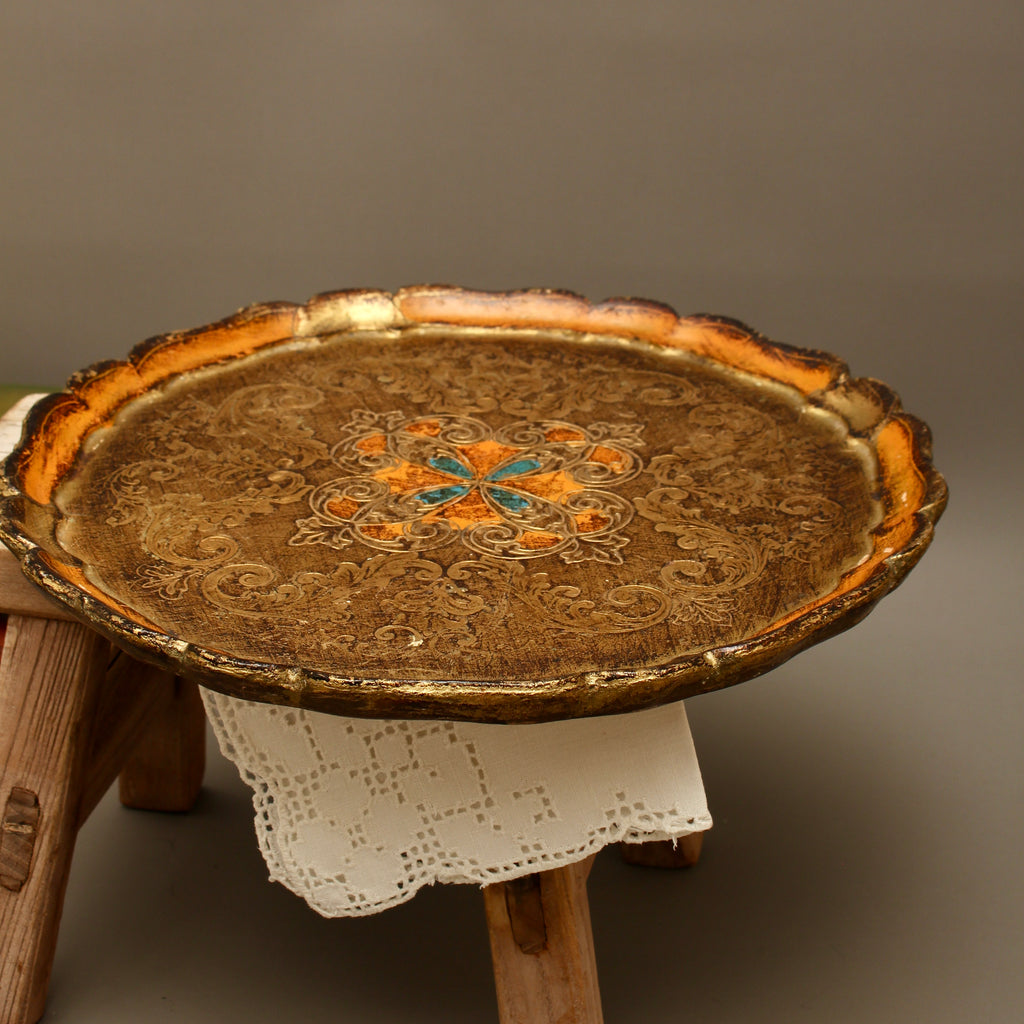 Vintage Italian Florentine Round Serving Tray - Mid-Century Gold Gilt & Orange Salver