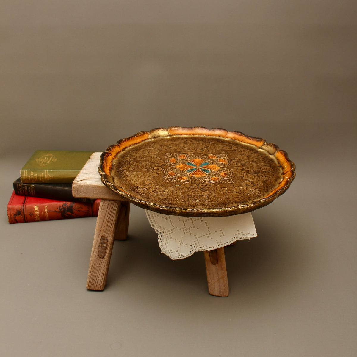 Vintage Italian Florentine Round Serving Tray - Mid-Century Gold Gilt & Orange Salver