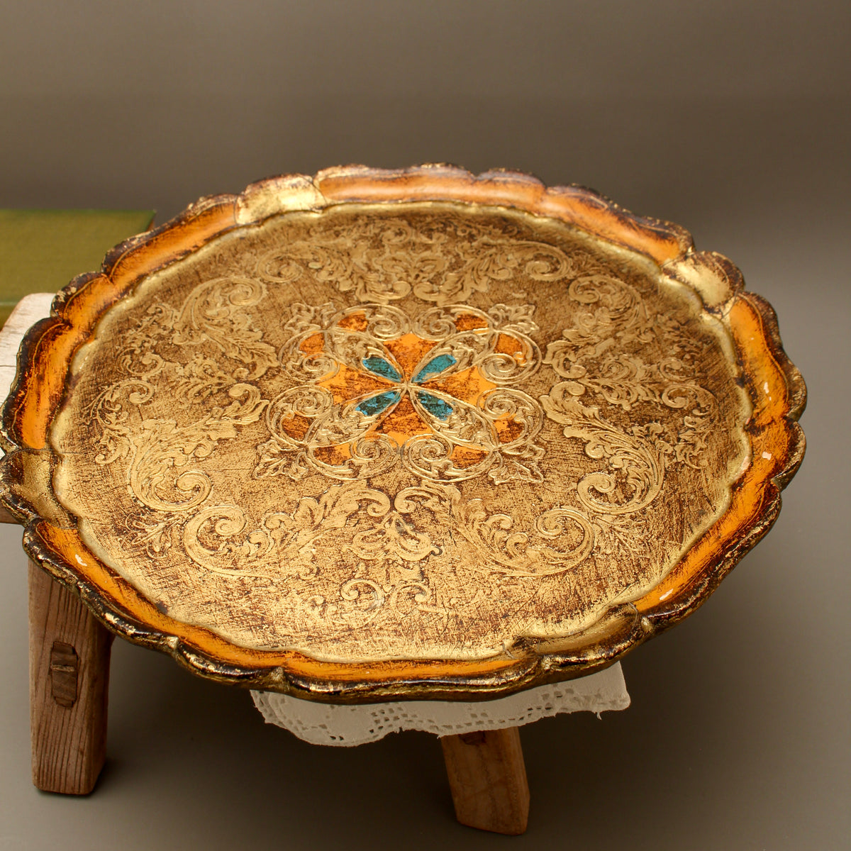 Vintage Italian Florentine Round Serving Tray - Mid-Century Gold Gilt & Orange Salver