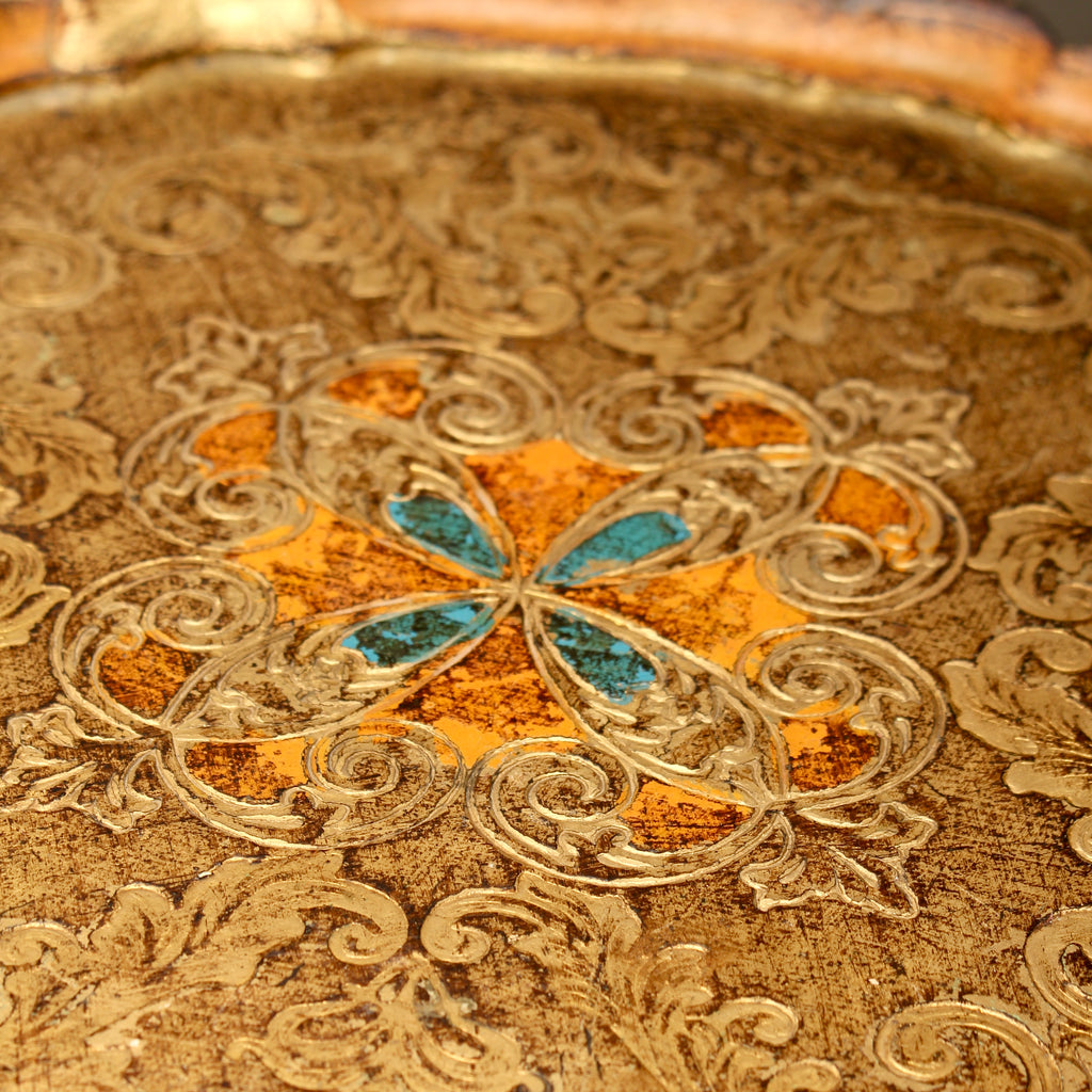 Vintage Italian Florentine Round Serving Tray - Mid-Century Gold Gilt & Orange Salver