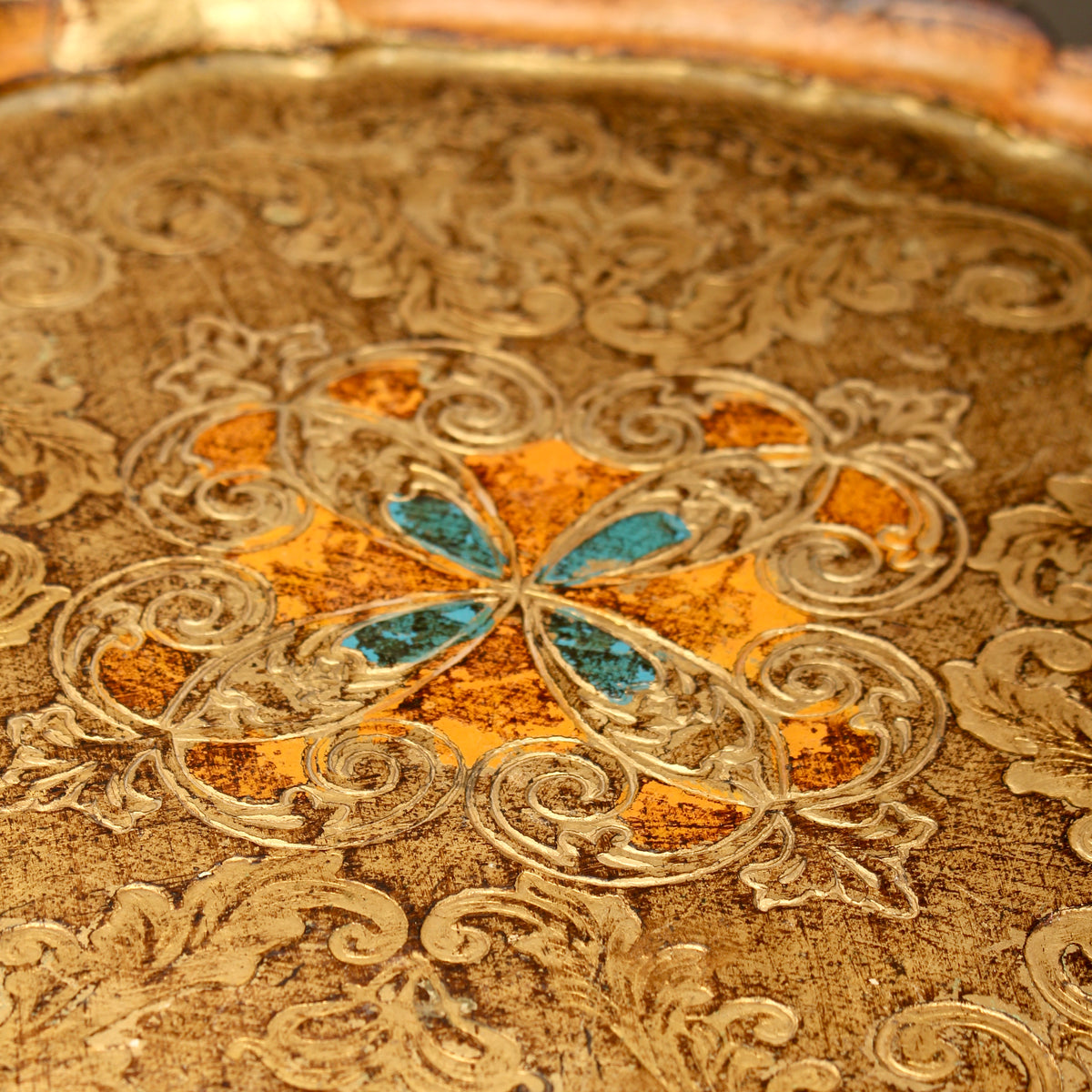 Vintage Italian Florentine Round Serving Tray - Mid-Century Gold Gilt & Orange Salver