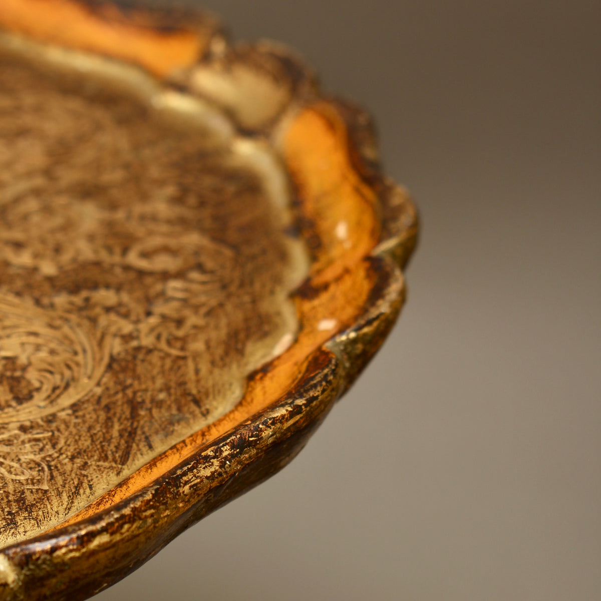 Vintage Italian Florentine Round Serving Tray - Mid-Century Gold Gilt & Orange Salver