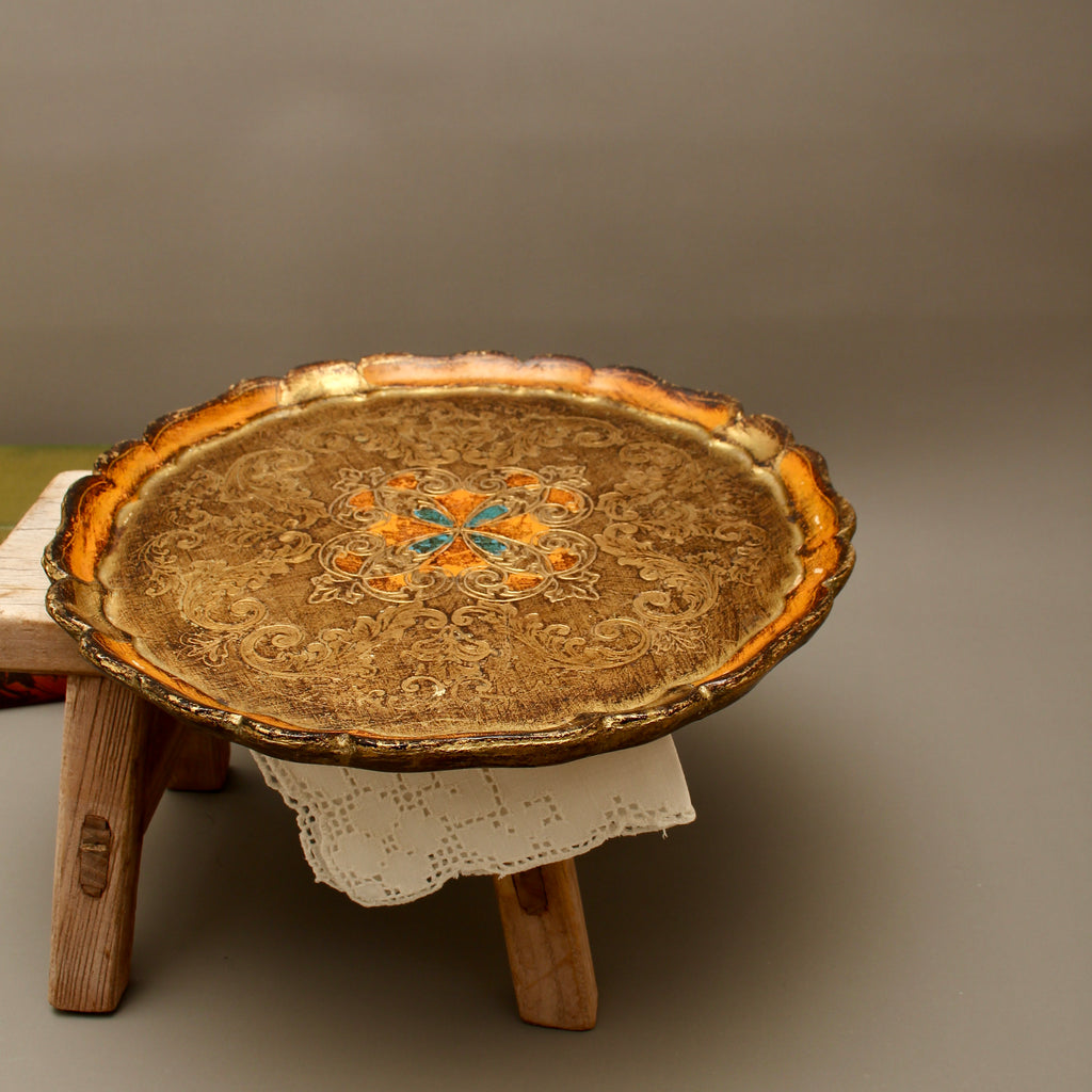 Vintage Italian Florentine Round Serving Tray - Mid-Century Gold Gilt & Orange Salver
