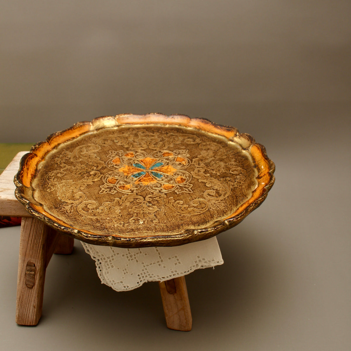 Vintage Italian Florentine Round Serving Tray - Mid-Century Gold Gilt & Orange Salver