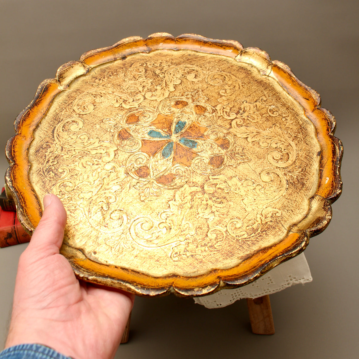 Vintage Italian Florentine Round Serving Tray - Mid-Century Gold Gilt & Orange Salver