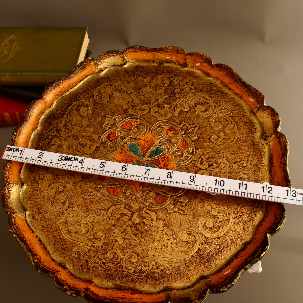 Vintage Italian Florentine Round Serving Tray - Mid-Century Gold Gilt & Orange Salver