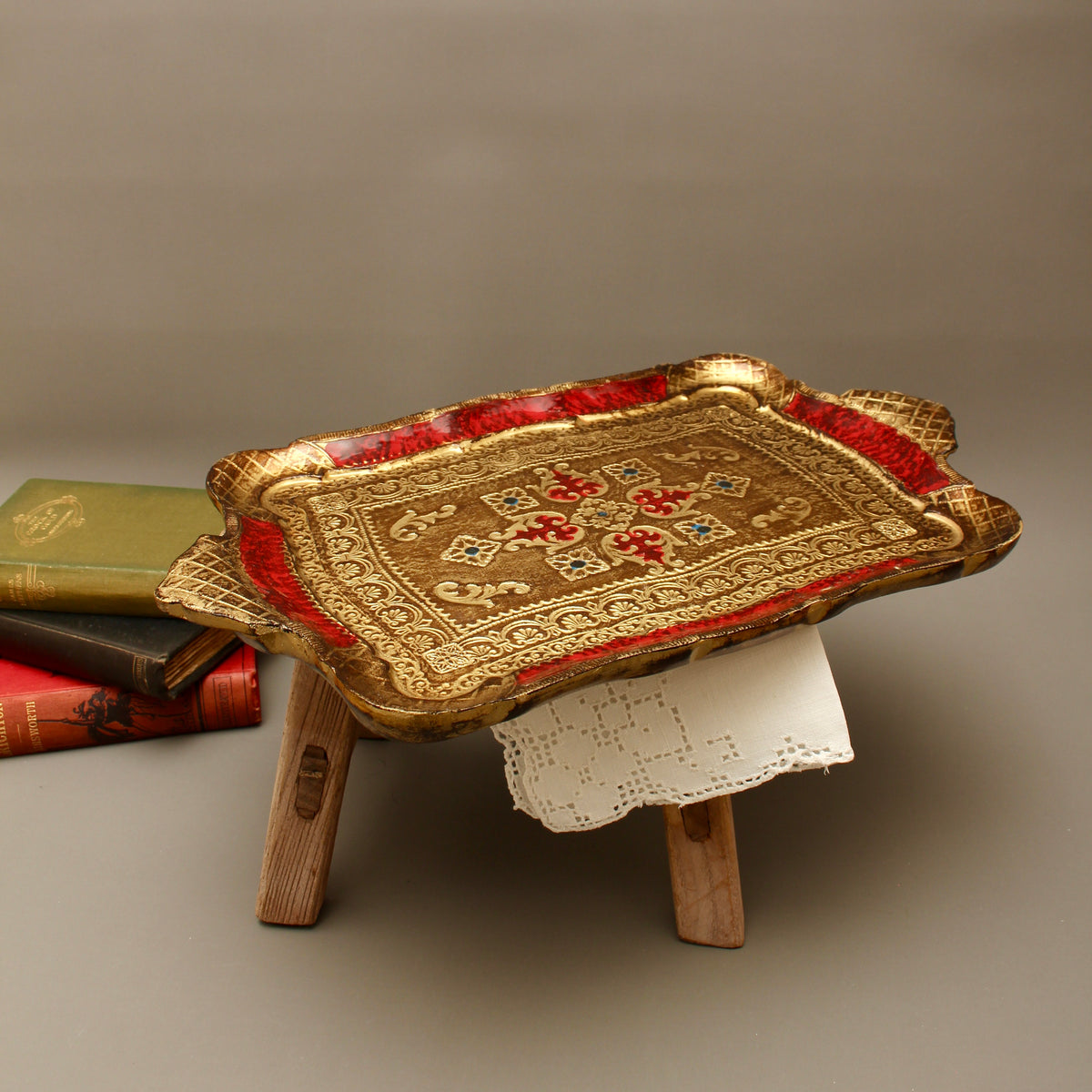 Vintage Italian Florentine Rectangular Serving Tray - Mid-Century Gold Gilt & Crimson Red Tureen Stand