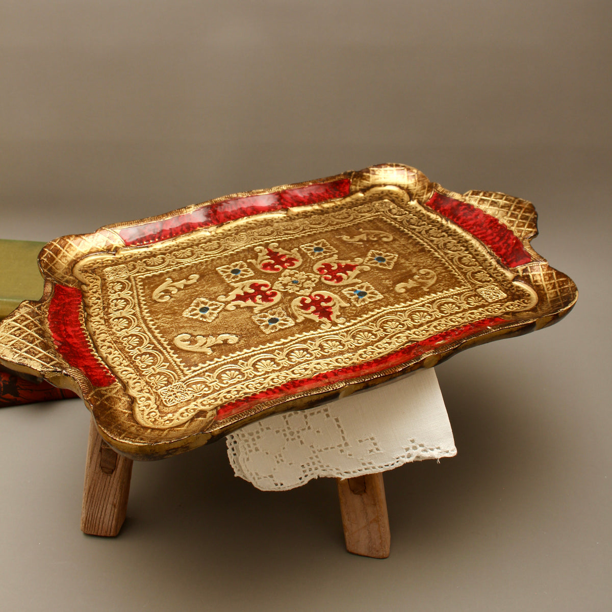 Vintage Italian Florentine Rectangular Serving Tray - Mid-Century Gold Gilt & Crimson Red Tureen Stand