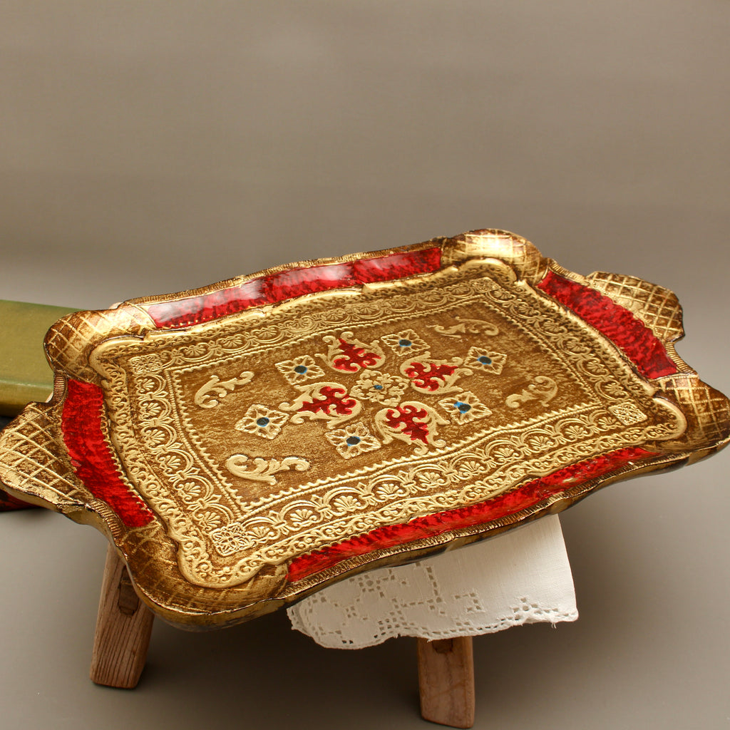 Vintage Italian Florentine Rectangular Serving Tray - Mid-Century Gold Gilt & Crimson Red Tureen Stand