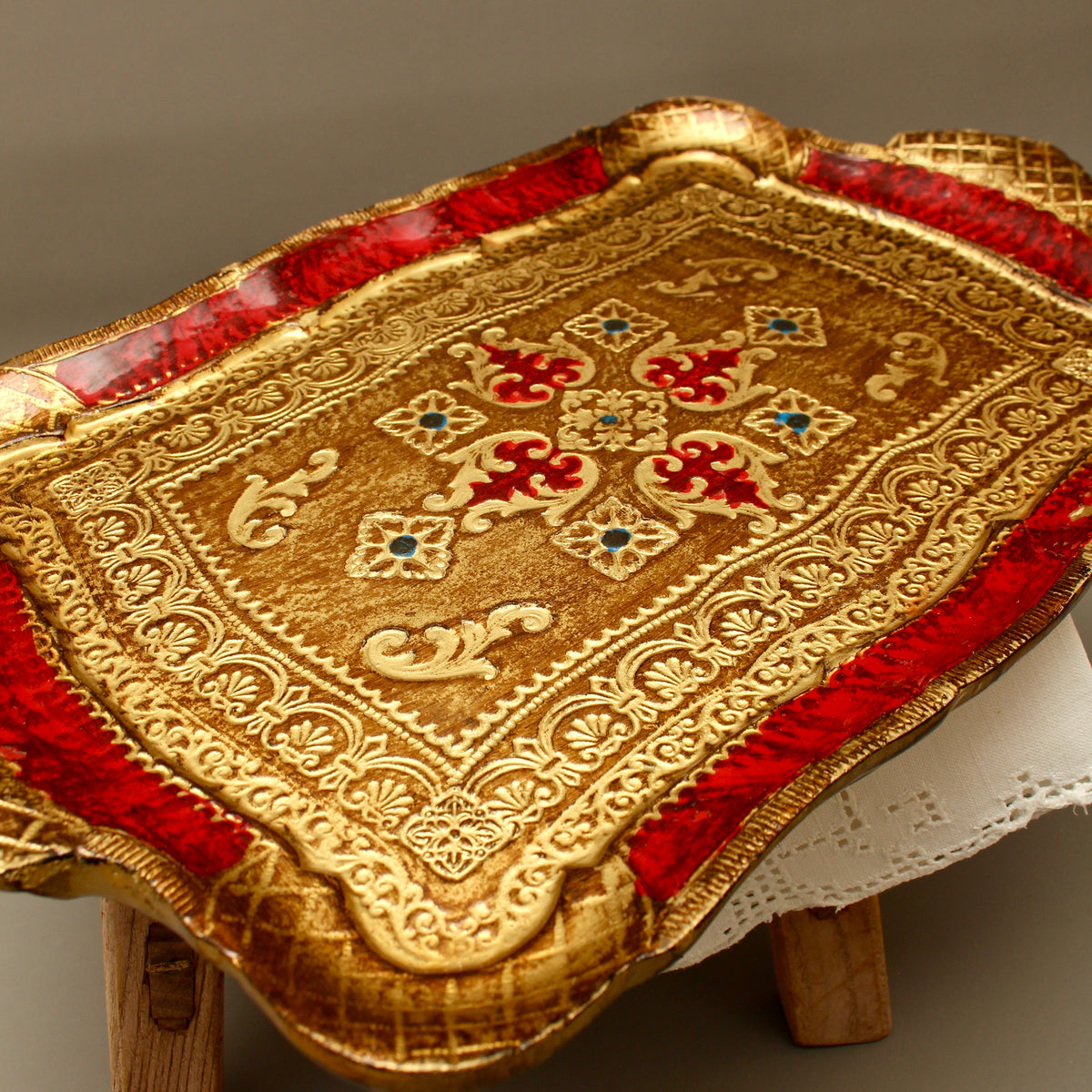 Vintage Italian Florentine Rectangular Serving Tray - Mid-Century Gold Gilt & Crimson Red Tureen Stand