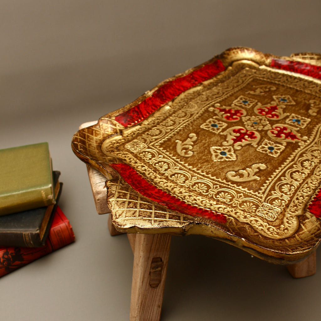 Vintage Italian Florentine Rectangular Serving Tray - Mid-Century Gold Gilt & Crimson Red Tureen Stand
