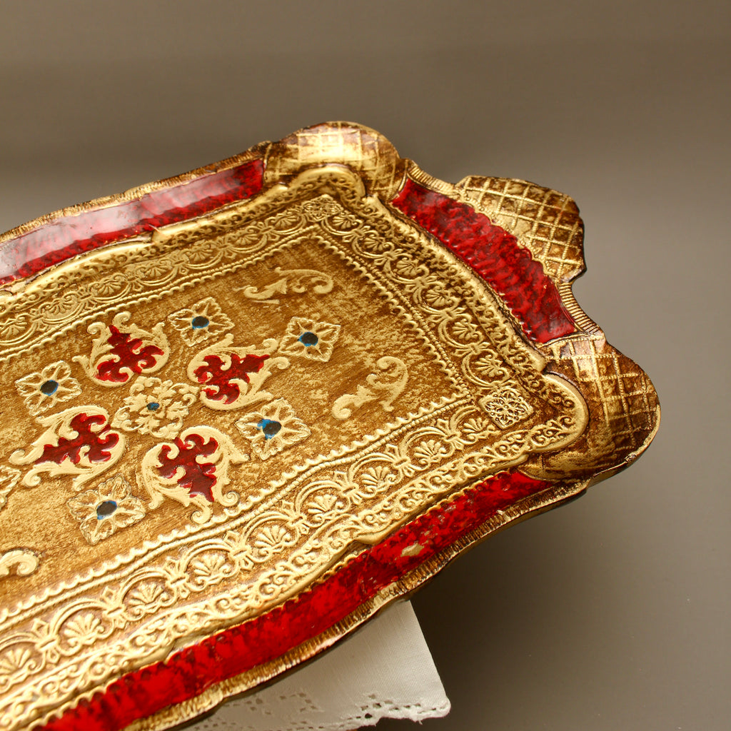 Vintage Italian Florentine Rectangular Serving Tray - Mid-Century Gold Gilt & Crimson Red Tureen Stand