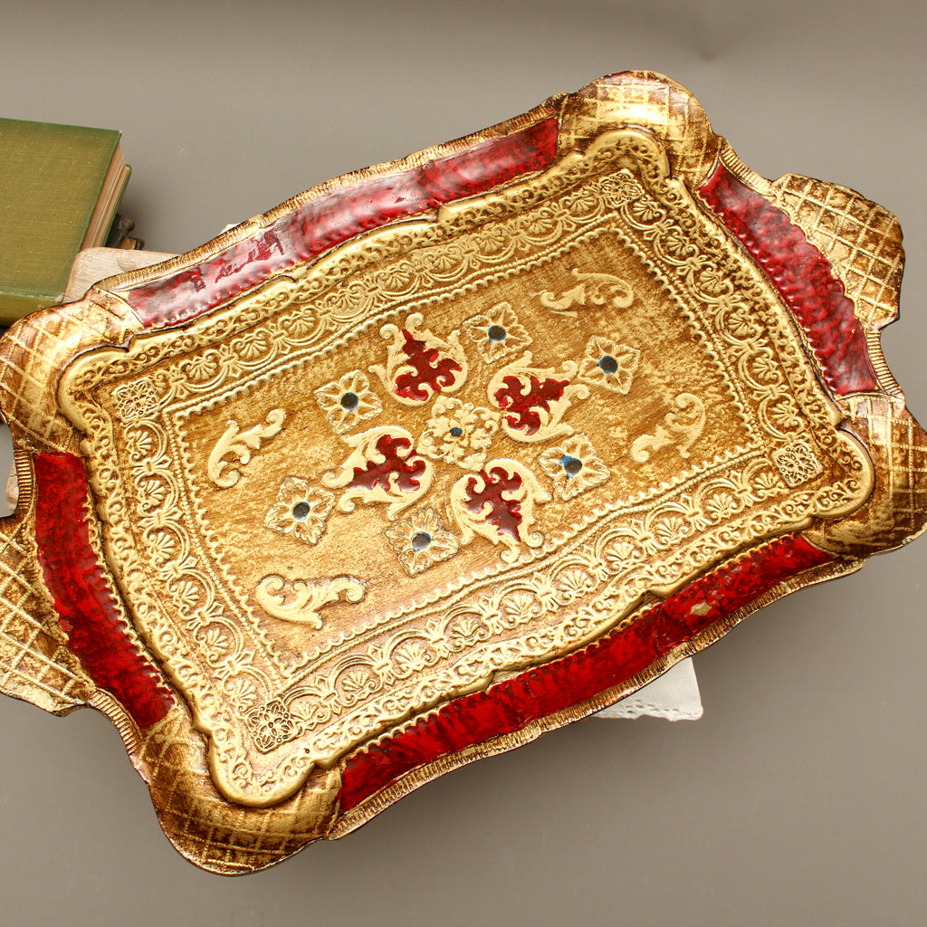 Vintage Italian Florentine Rectangular Serving Tray - Mid-Century Gold Gilt & Crimson Red Tureen Stand