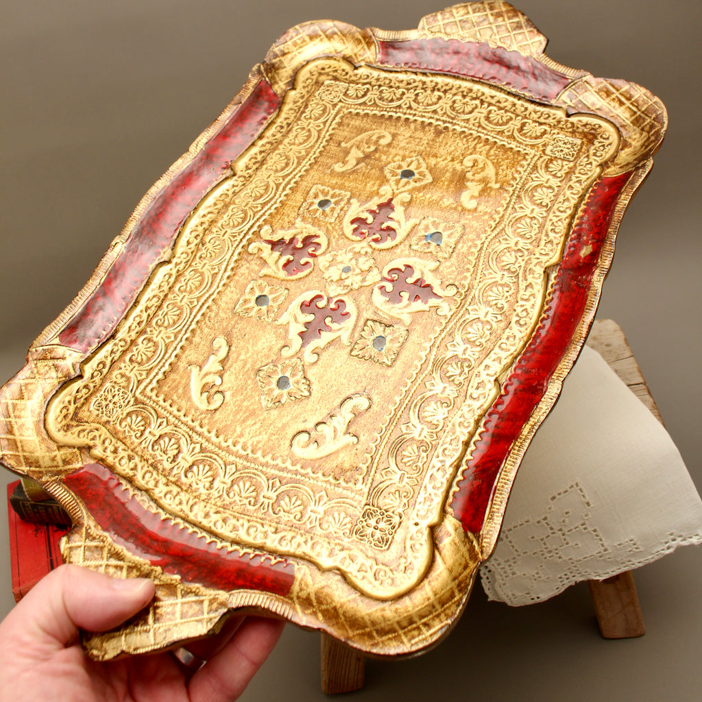 Vintage Italian Florentine Rectangular Serving Tray - Mid-Century Gold Gilt & Crimson Red Tureen Stand