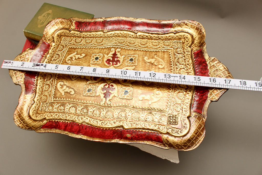 Vintage Italian Florentine Rectangular Serving Tray - Mid-Century Gold Gilt & Crimson Red Tureen Stand