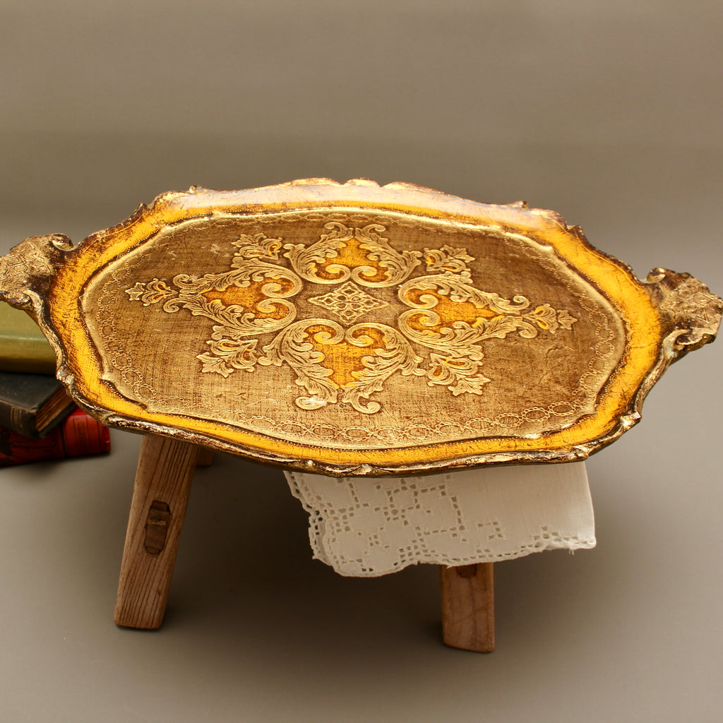 Vintage Italian Florentine Oval Handle Serving Tray - Mid-Century Gold Gilt & Yellow-Ochre Salver