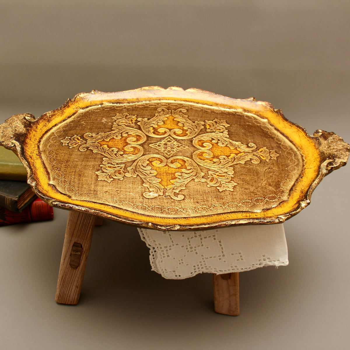 Vintage Italian Florentine Oval Handle Serving Tray - Mid-Century Gold Gilt & Yellow-Ochre Salver