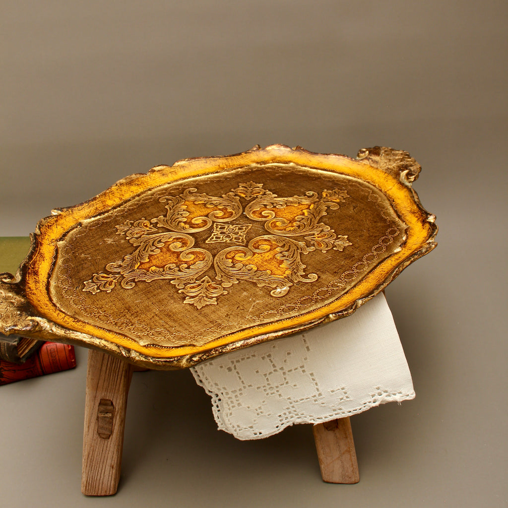 Vintage Italian Florentine Oval Handle Serving Tray - Mid-Century Gold Gilt & Yellow-Ochre Salver