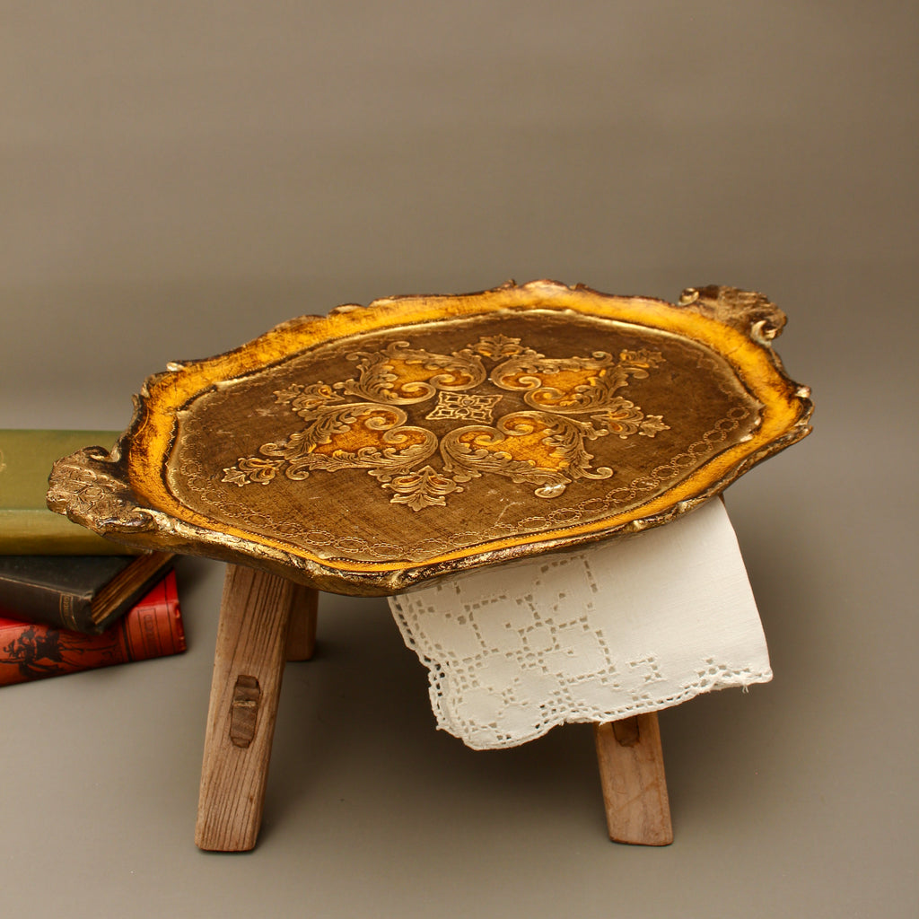 Vintage Italian Florentine Oval Handle Serving Tray - Mid-Century Gold Gilt & Yellow-Ochre Salver
