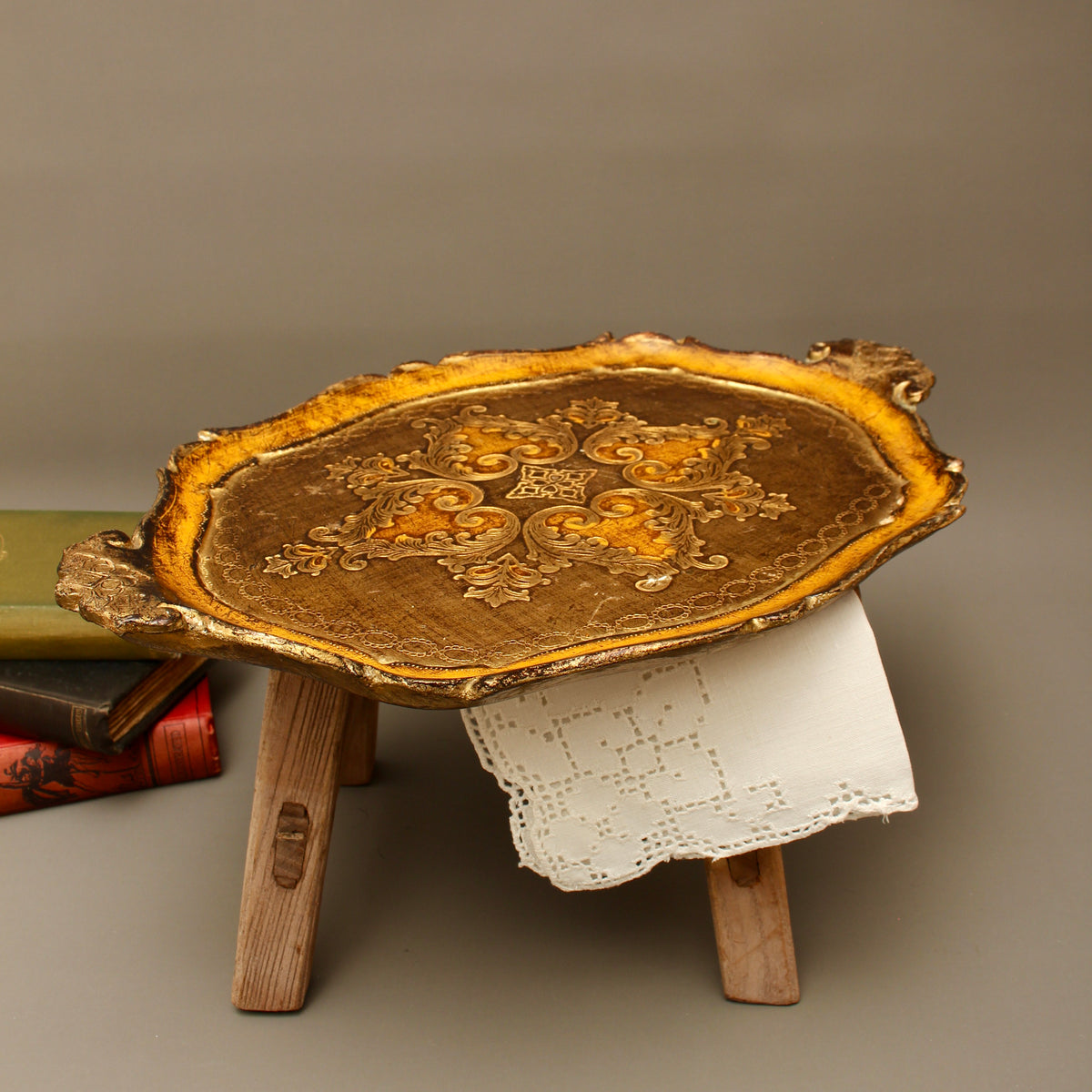 Vintage Italian Florentine Oval Handle Serving Tray - Mid-Century Gold Gilt & Yellow-Ochre Salver