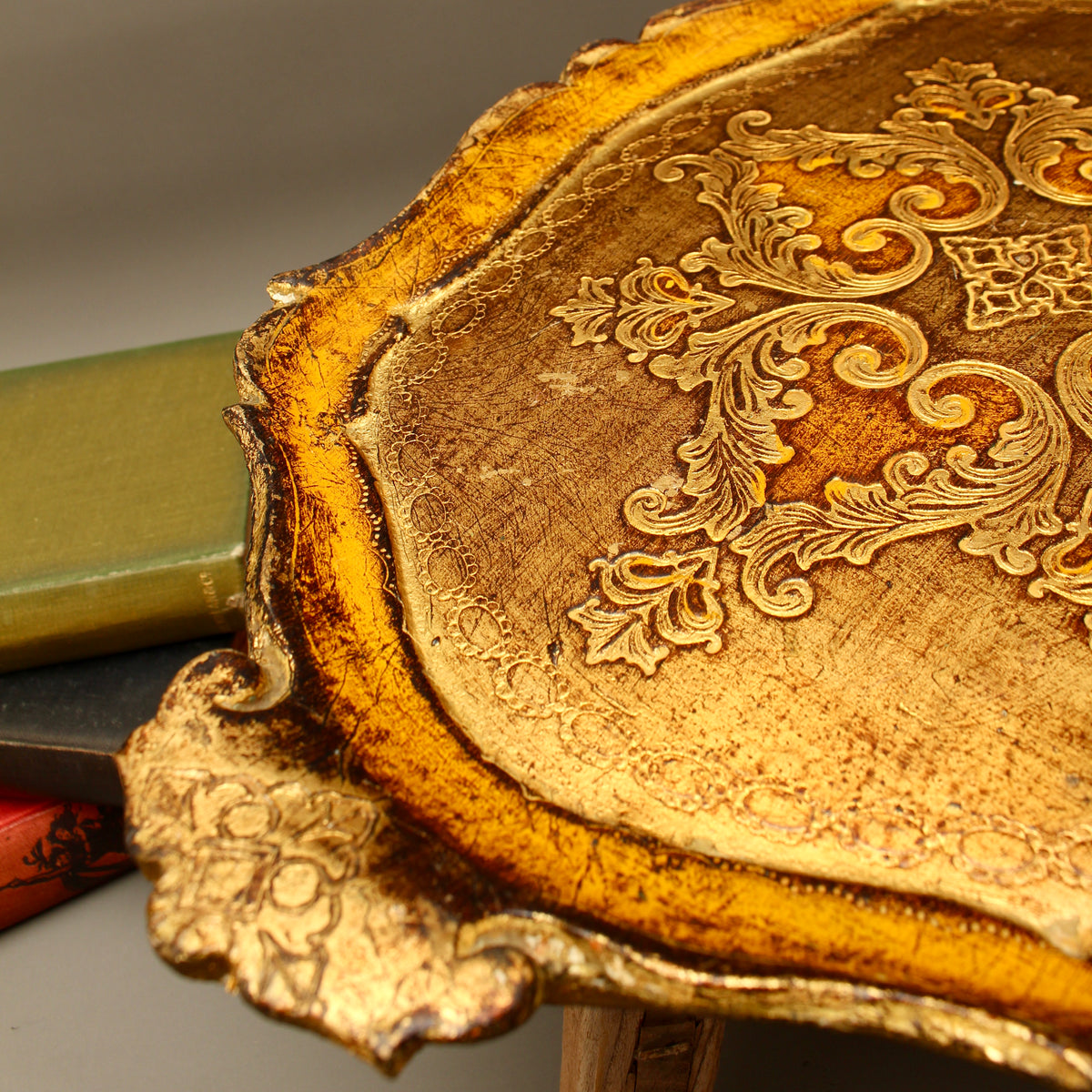 Vintage Italian Florentine Oval Handle Serving Tray - Mid-Century Gold Gilt & Yellow-Ochre Salver