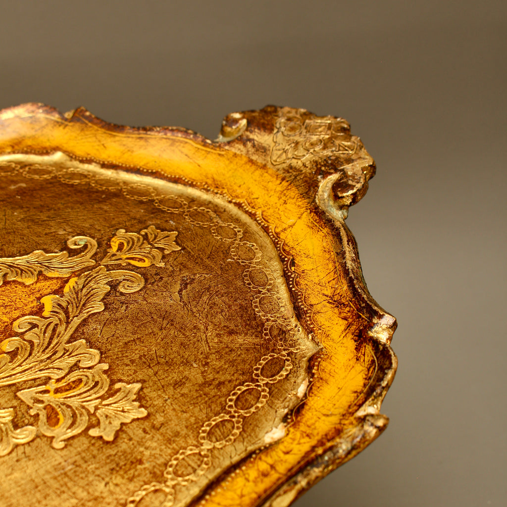 Vintage Italian Florentine Oval Handle Serving Tray - Mid-Century Gold Gilt & Yellow-Ochre Salver