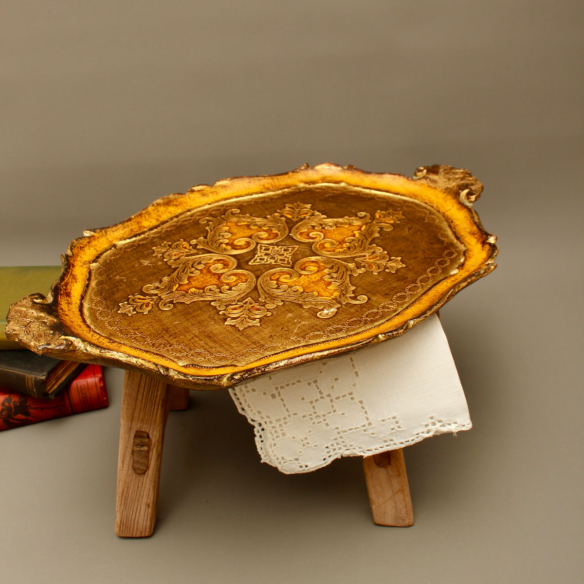 Vintage Italian Florentine Oval Handle Serving Tray - Mid-Century Gold Gilt & Yellow-Ochre Salver