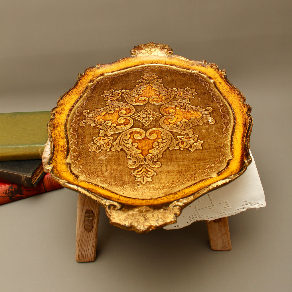 Vintage Italian Florentine Oval Handle Serving Tray - Mid-Century Gold Gilt & Yellow-Ochre Salver