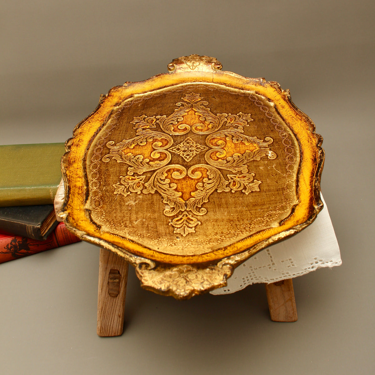 Vintage Italian Florentine Oval Handle Serving Tray - Mid-Century Gold Gilt & Yellow-Ochre Salver