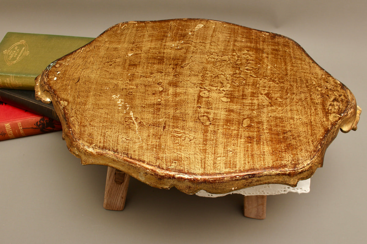 Vintage Italian Florentine Oval Handle Serving Tray - Mid-Century Gold Gilt & Yellow-Ochre Salver
