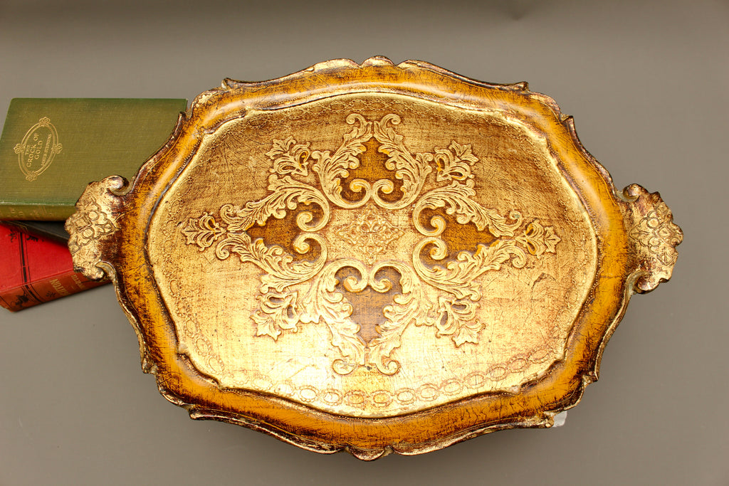 Vintage Italian Florentine Oval Handle Serving Tray - Mid-Century Gold Gilt & Yellow-Ochre Salver
